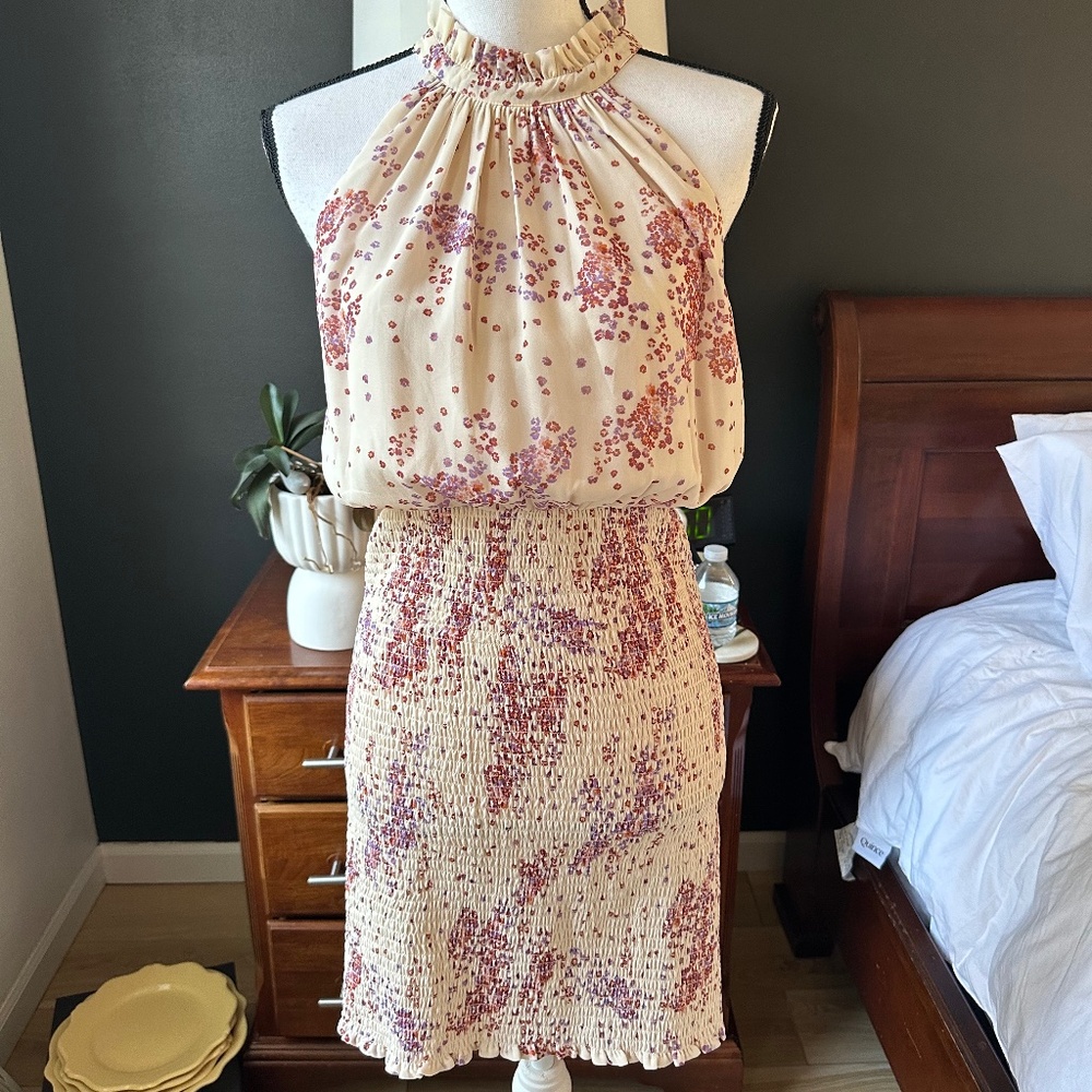 MinkPink Ivory Floral Halter Neck Mini Dress - Size M